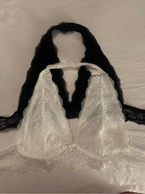 SHEIN Contrast Lace Halter Bralette - White & Black